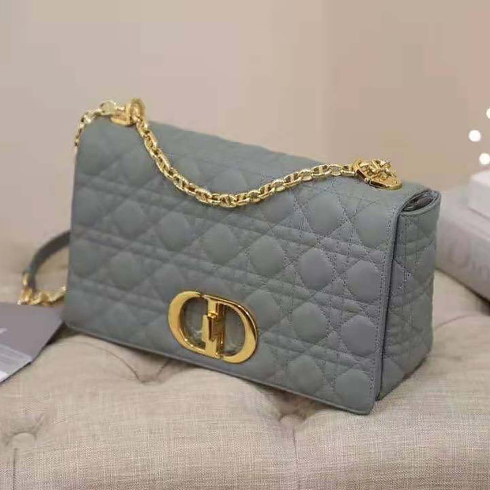 Side angle showcasing quilting detail on Dior Women Large Dior Caro Bag