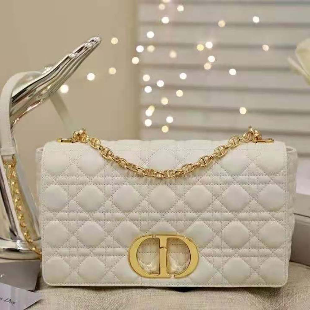 Side angle showing spacious interior and supple leather of Dior Caro Bag