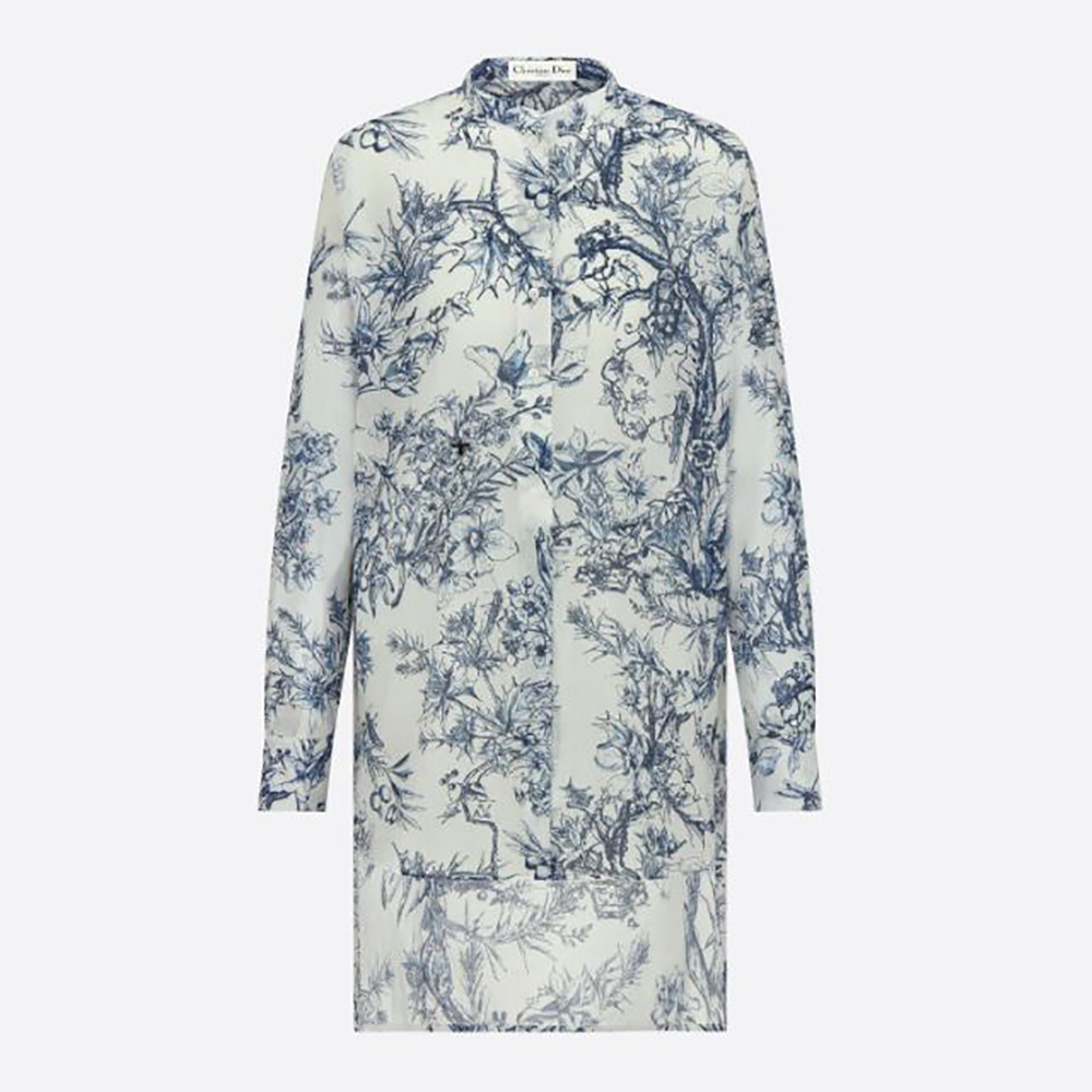 Front view of Dior Women Long Blouse Navy Blue Cotton Voile with floral motif