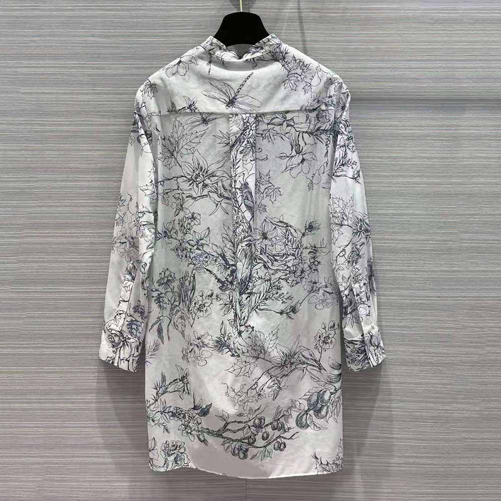 Side angle showing flowing silhouette of Dior Women Long Blouse Navy Blue Cotton Voile