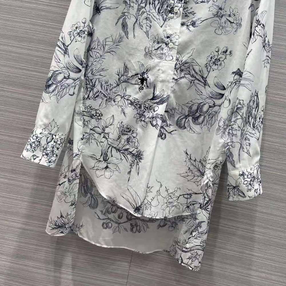 Dior Women Long Blouse Navy Blue Cotton Voile with Toile de Jouy Flowers Motif - image 9