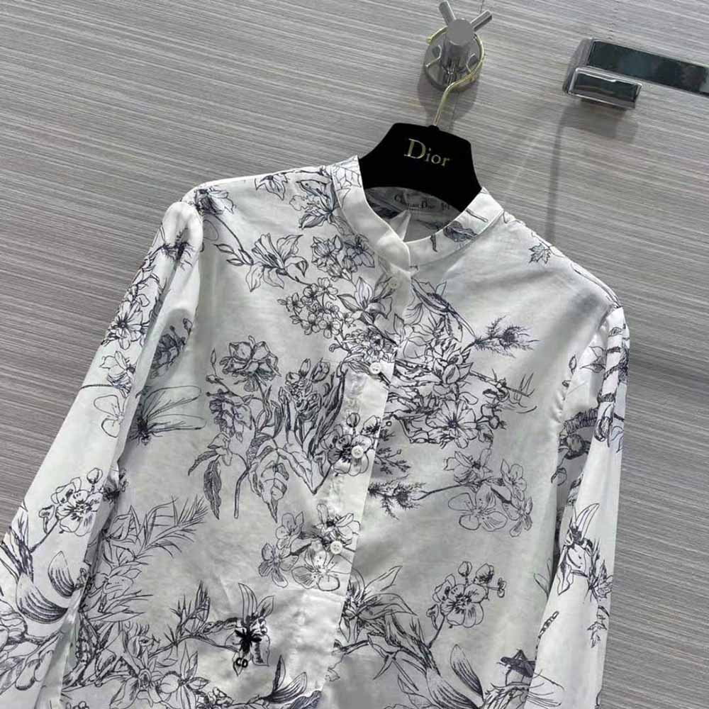 Dior Women Long Blouse Navy Blue Cotton Voile with Toile de Jouy Flowers Motif - image 4