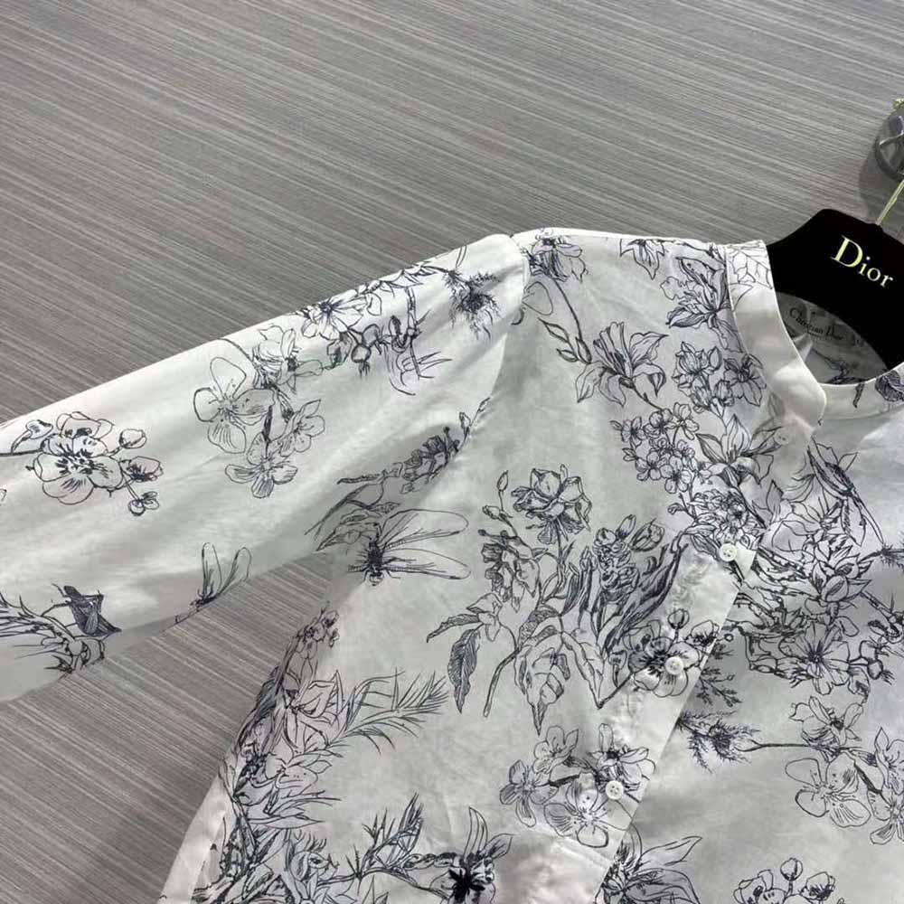 Dior Women Long Blouse Navy Blue Cotton Voile with Toile de Jouy Flowers Motif - image 6