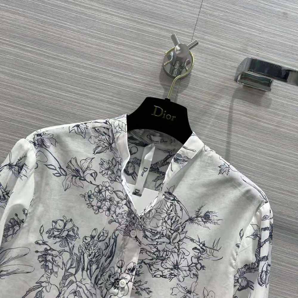 Dior Women Long Blouse Navy Blue Cotton Voile with Toile de Jouy Flowers Motif - image 5