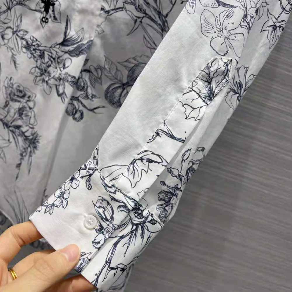Dior Women Long Blouse Navy Blue Cotton Voile with Toile de Jouy Flowers Motif - image 7