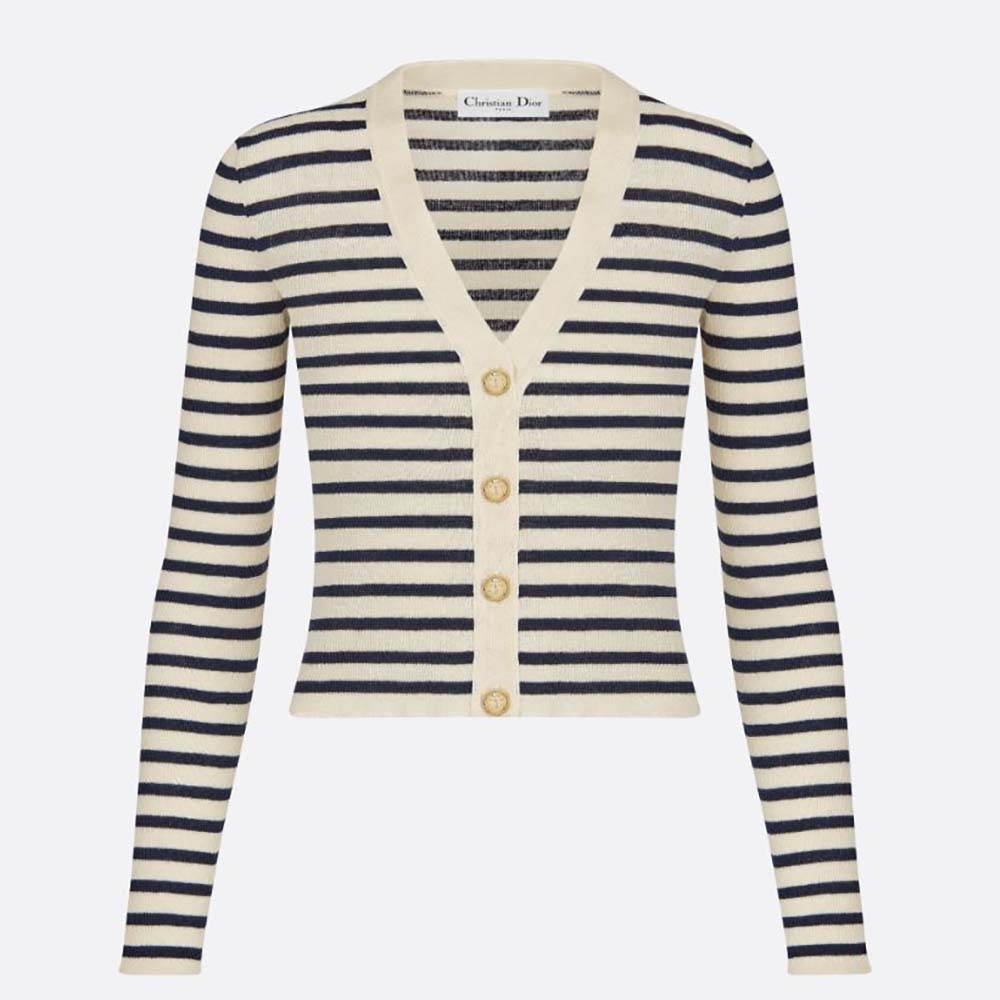 Front view of Dior Women Mariniere Buttoned Cardigan Navy Blue linen knit