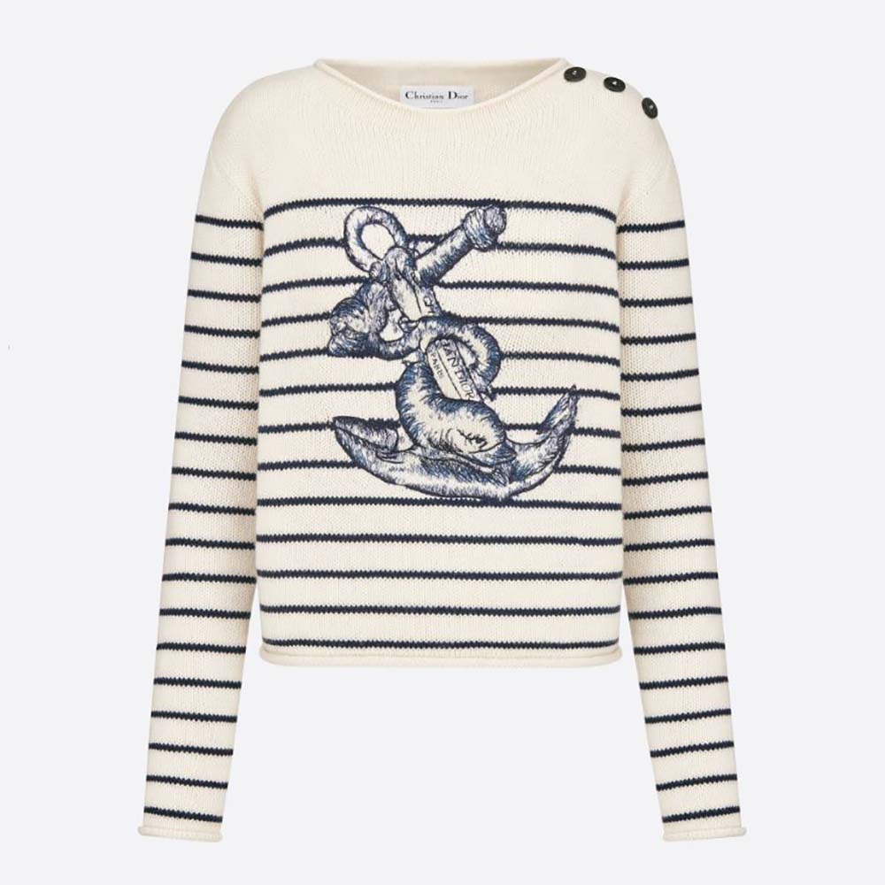 Front view of Dior Women Mariniere Embroidered Sweater Ecru Cashmere Knit