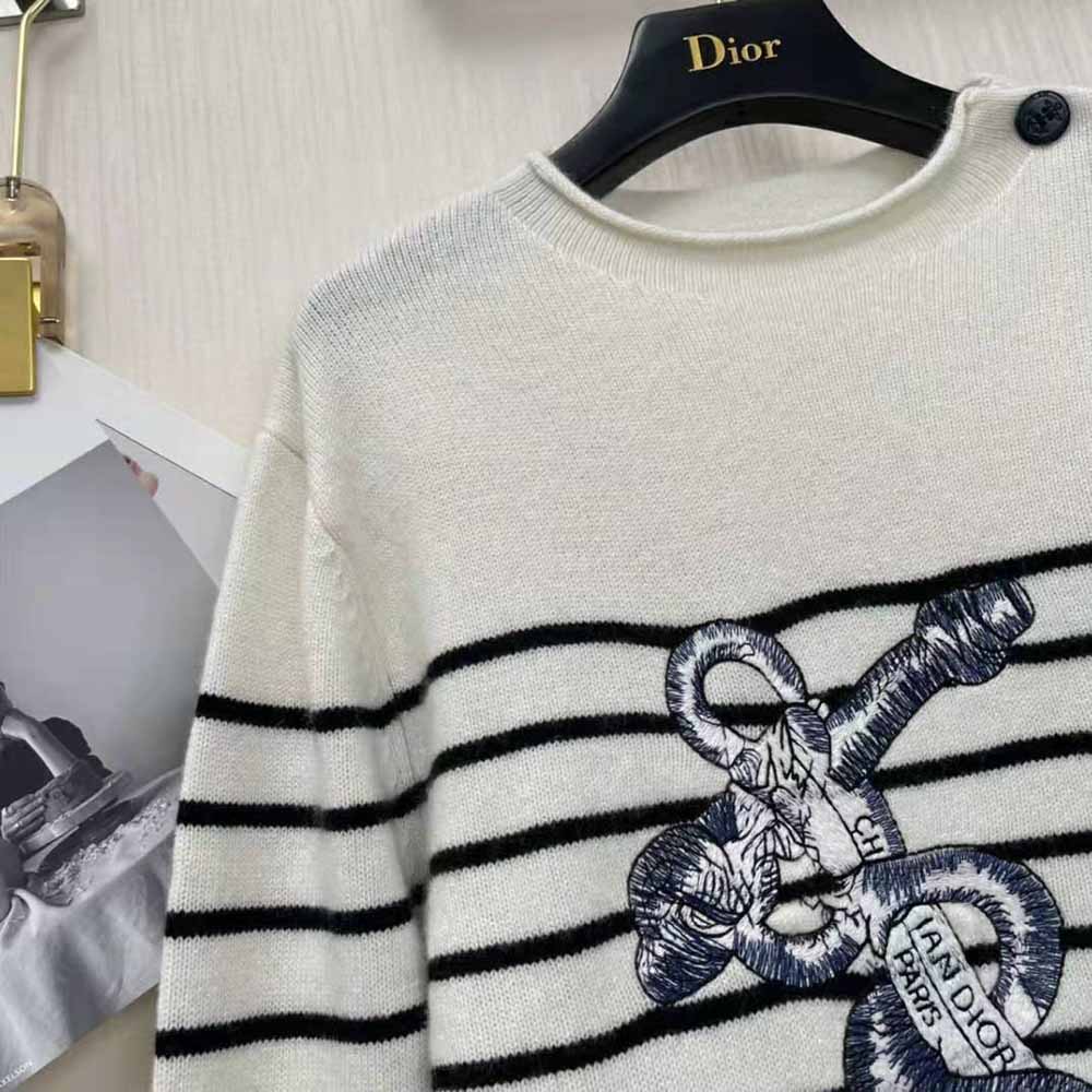 Dior Women Mariniere Embroidered Sweater Ecru Cashmere Knit - image 4