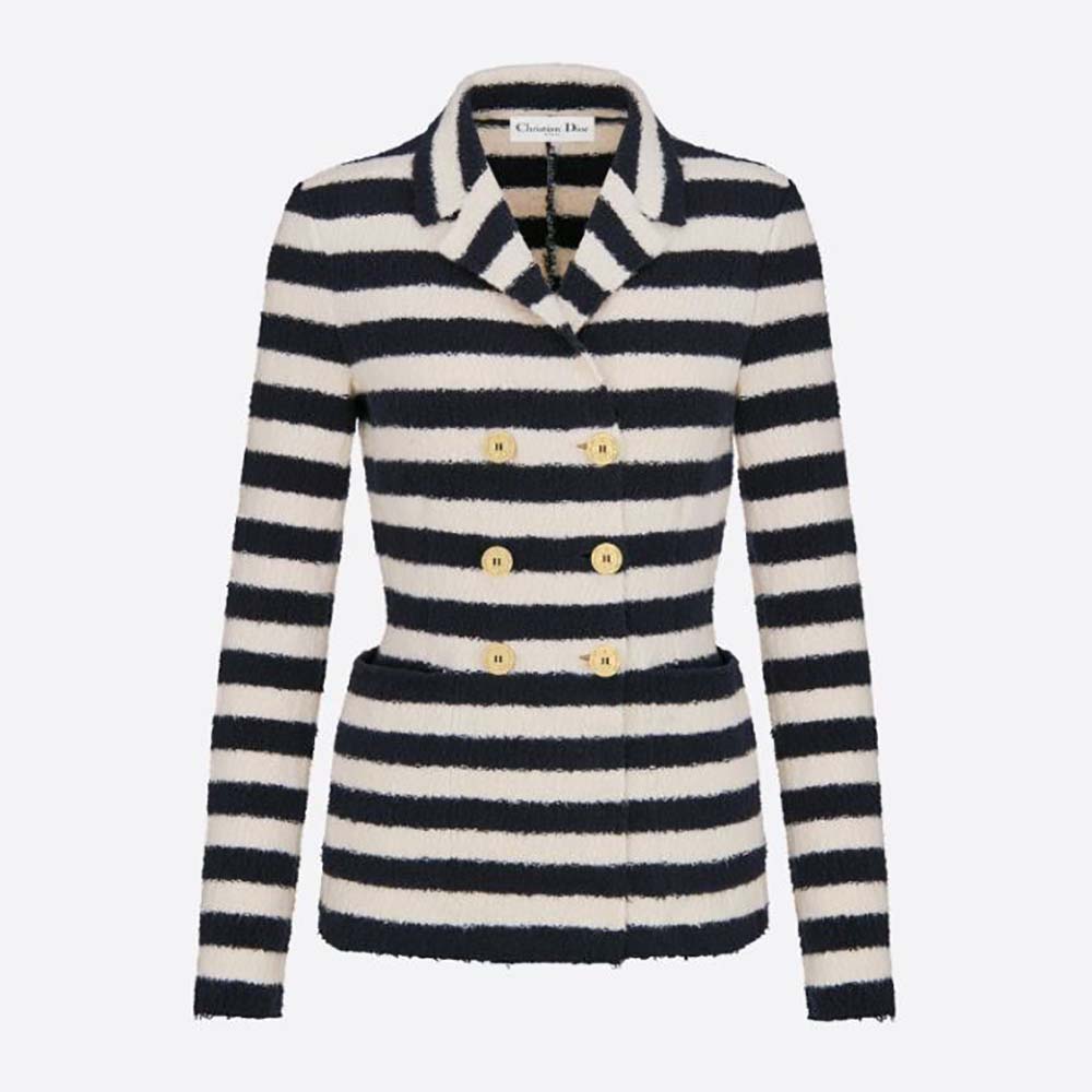 Front view of Dior Women Mariniere Marlene Jacket Navy Blue and Ecru Cotton Knit
