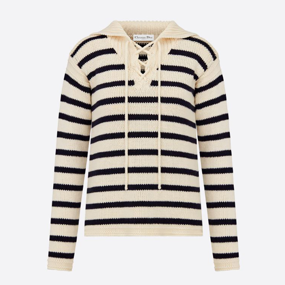 Front view of Dior Women Mariniere Sweater Navy Blue and Ecru Cotton Knit and Cashmere