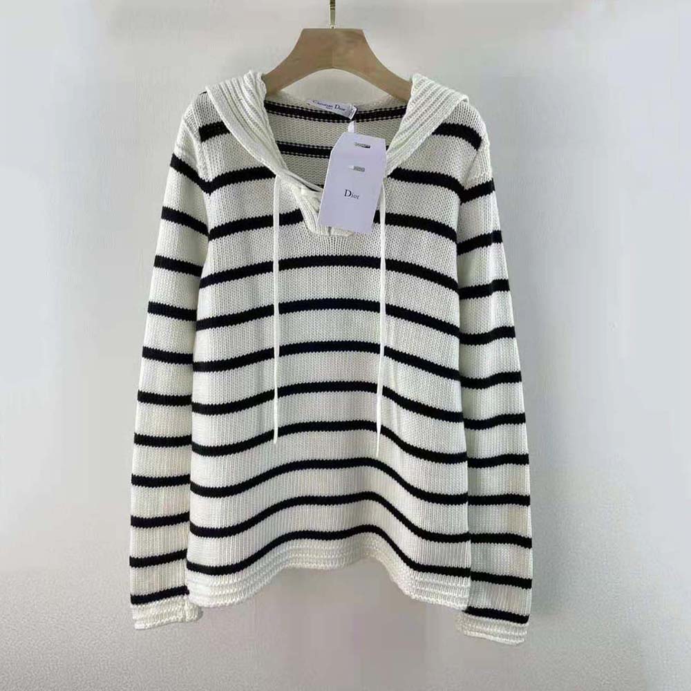 Close-up detail of navy and ecru stripes on Dior Women Mariniere Sweater