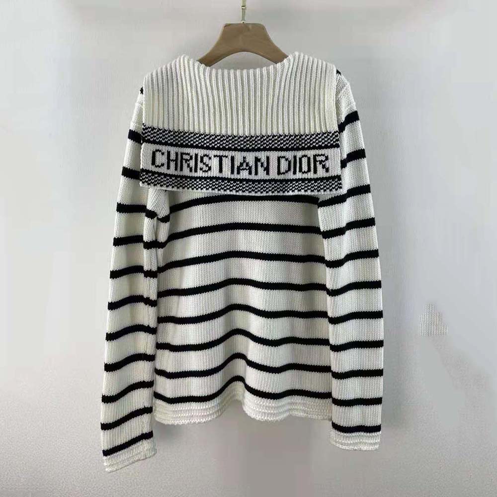 Side angle showing relaxed fit of Dior Women Mariniere Sweater Navy Blue and Ecru