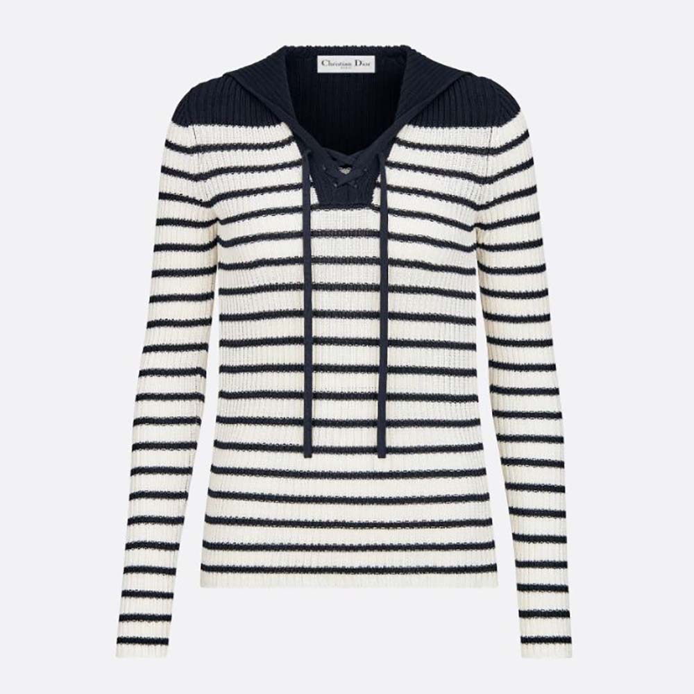 Front view of Dior Women Mariniere Sweater Navy Blue and White Cotton Knit