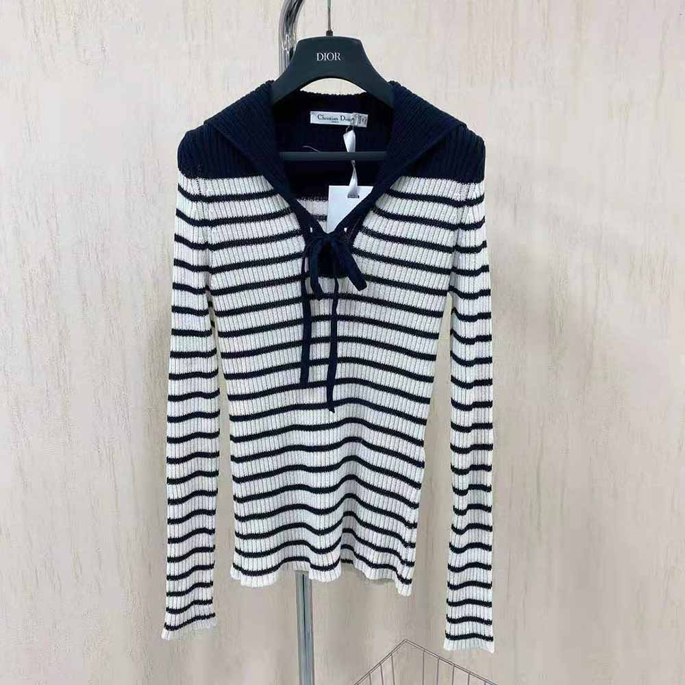 Side profile showing fit of Dior Women Mariniere Sweater Navy Blue and White