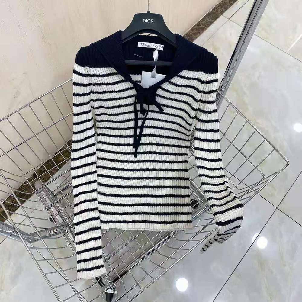 Close-up detail of navy and white stripes on Dior Women Mariniere Sweater