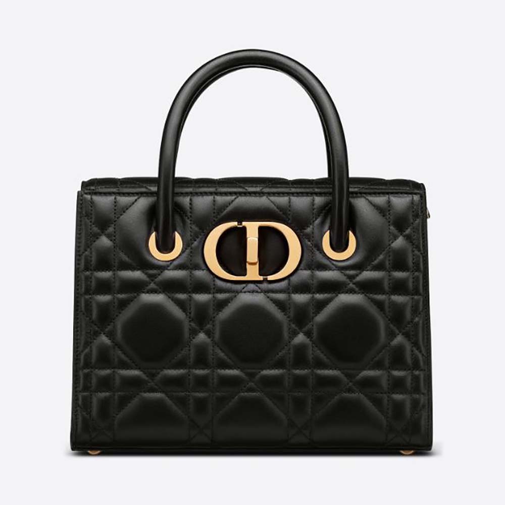Front view of Dior Women Medium ST Honore Tote Black Macrocannage Lambskin