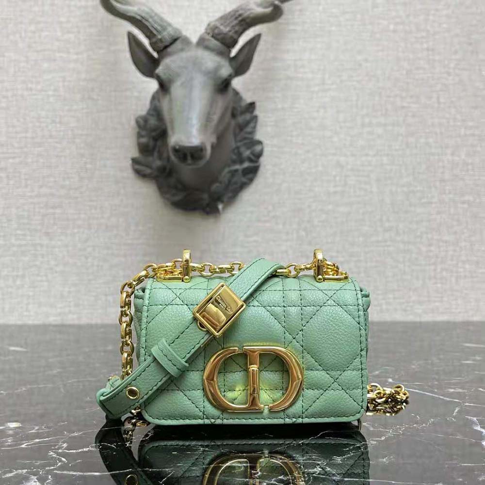 Close-up of Dior Caro Bag lime leather and silver-tone hardware detail