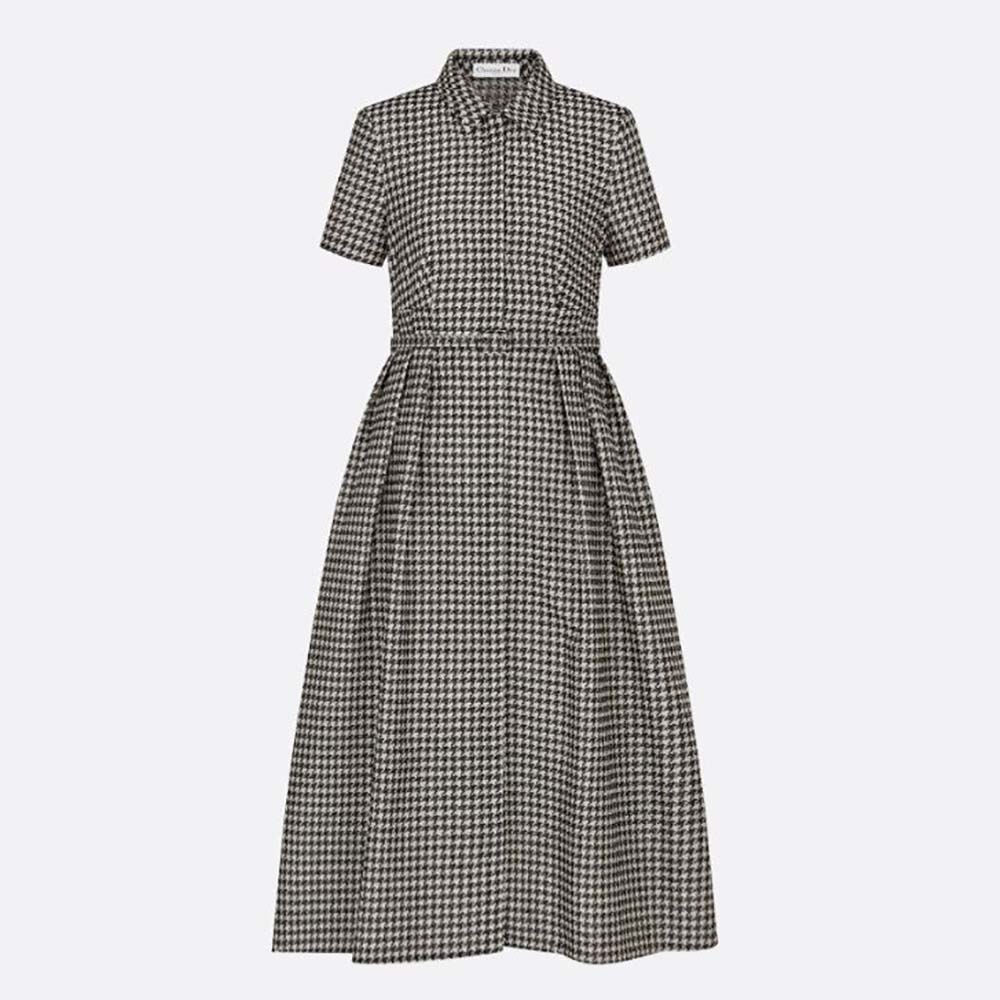 Front view of Dior Women Mid-Length Belted Dress Black and White Technical Cotton Jacquard and Silk