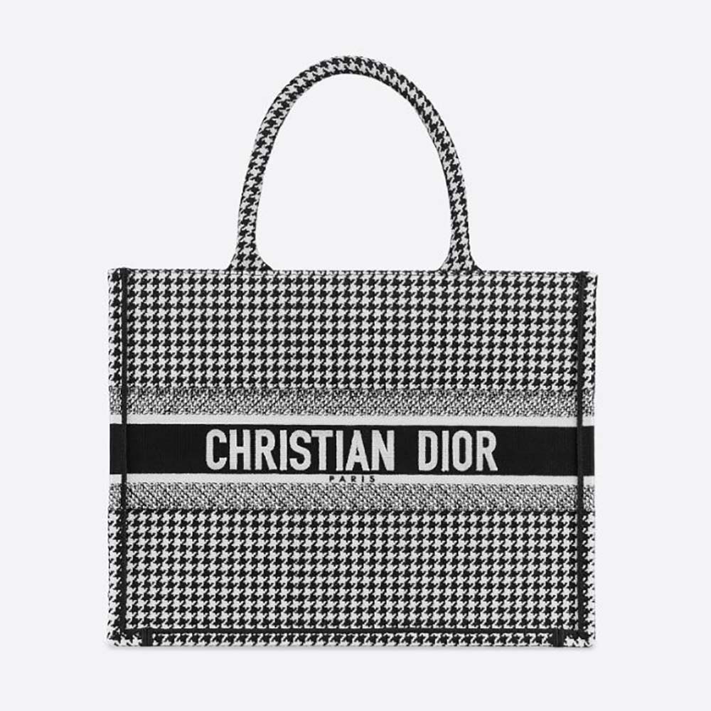 Front view of Dior Women Small Dior Book Tote Black and White Houndstooth Embroidery