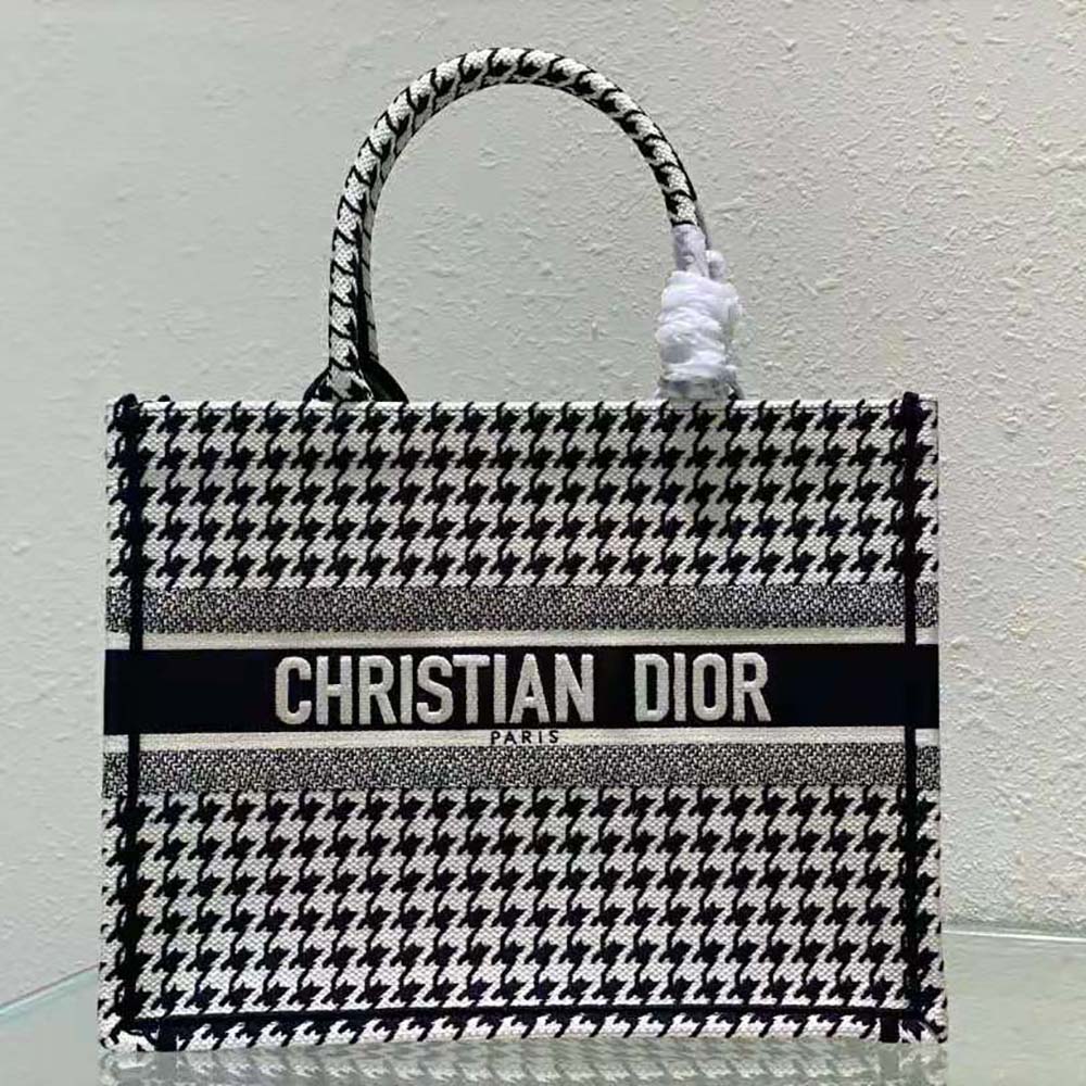 Close-up detail of houndstooth embroidery on Small Dior Book Tote black and white