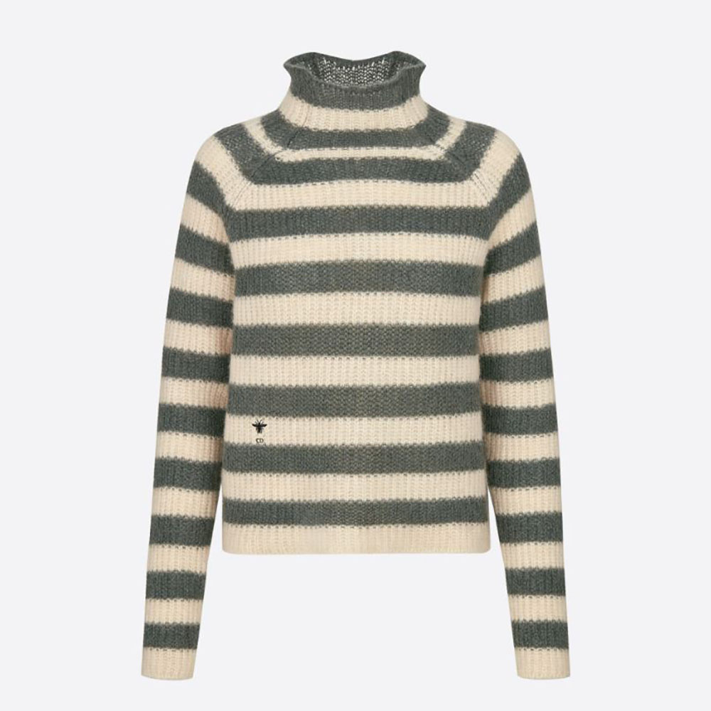 Front view of Dior Women Stand Collar Sweater Gray and Ecru D-Stripes Alpaca Cashmere and Silk Knit