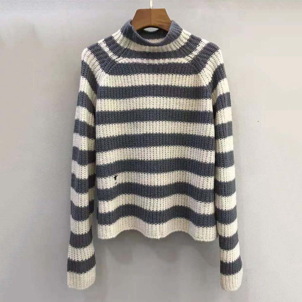 Close-up of the silver D-stripes detail on Dior Women Stand Collar Sweater
