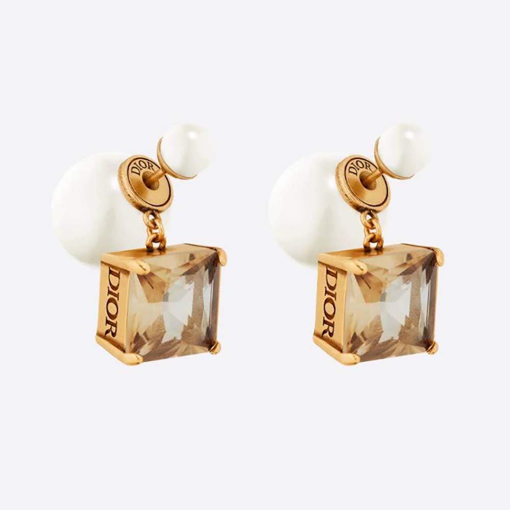 Front view of Dior Women Tribales Earrings Antique Gold-Finish Metal with White Resin Pearls and Citrine