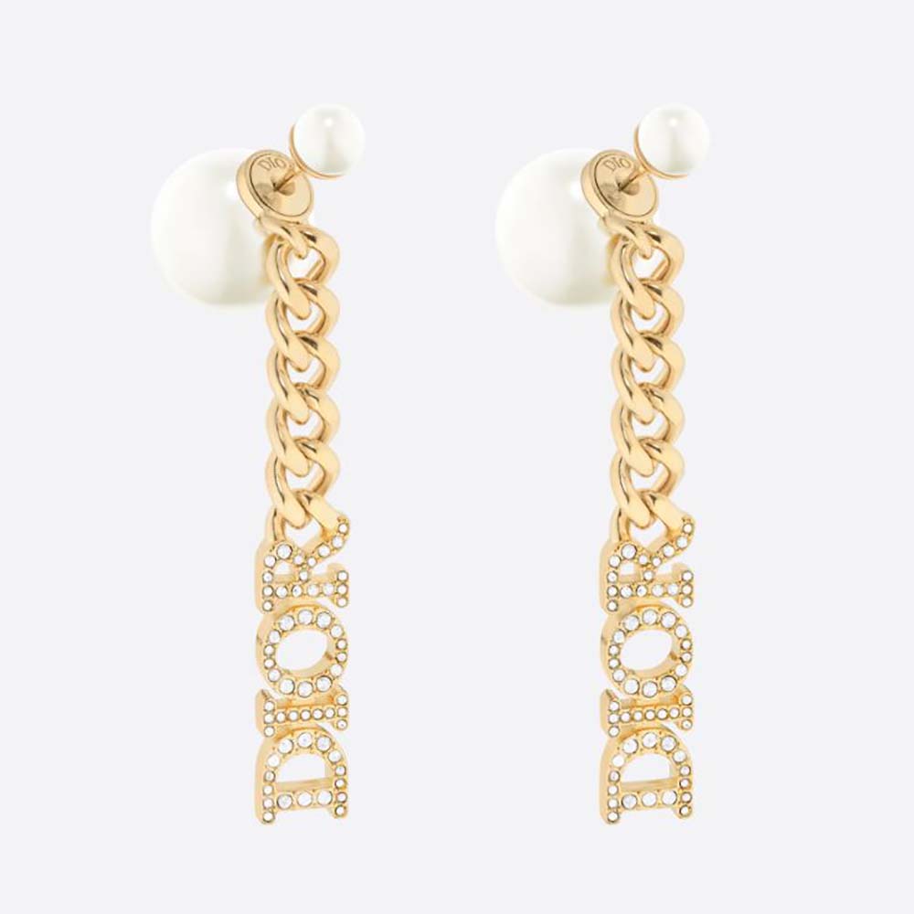 Close-up of Dior Women Tribales Earrings showing gold-finish metal and white pearls