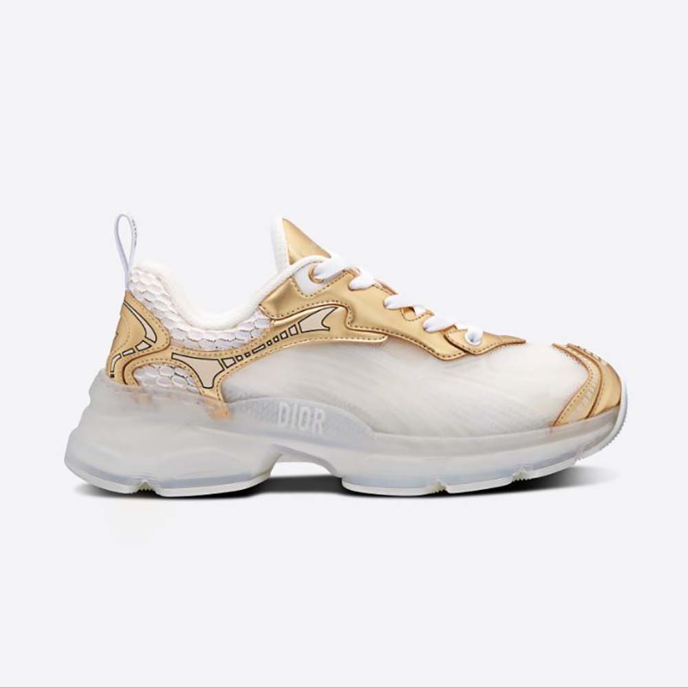 Side profile of Dior Women Vibe Sneaker white mesh and gold leather