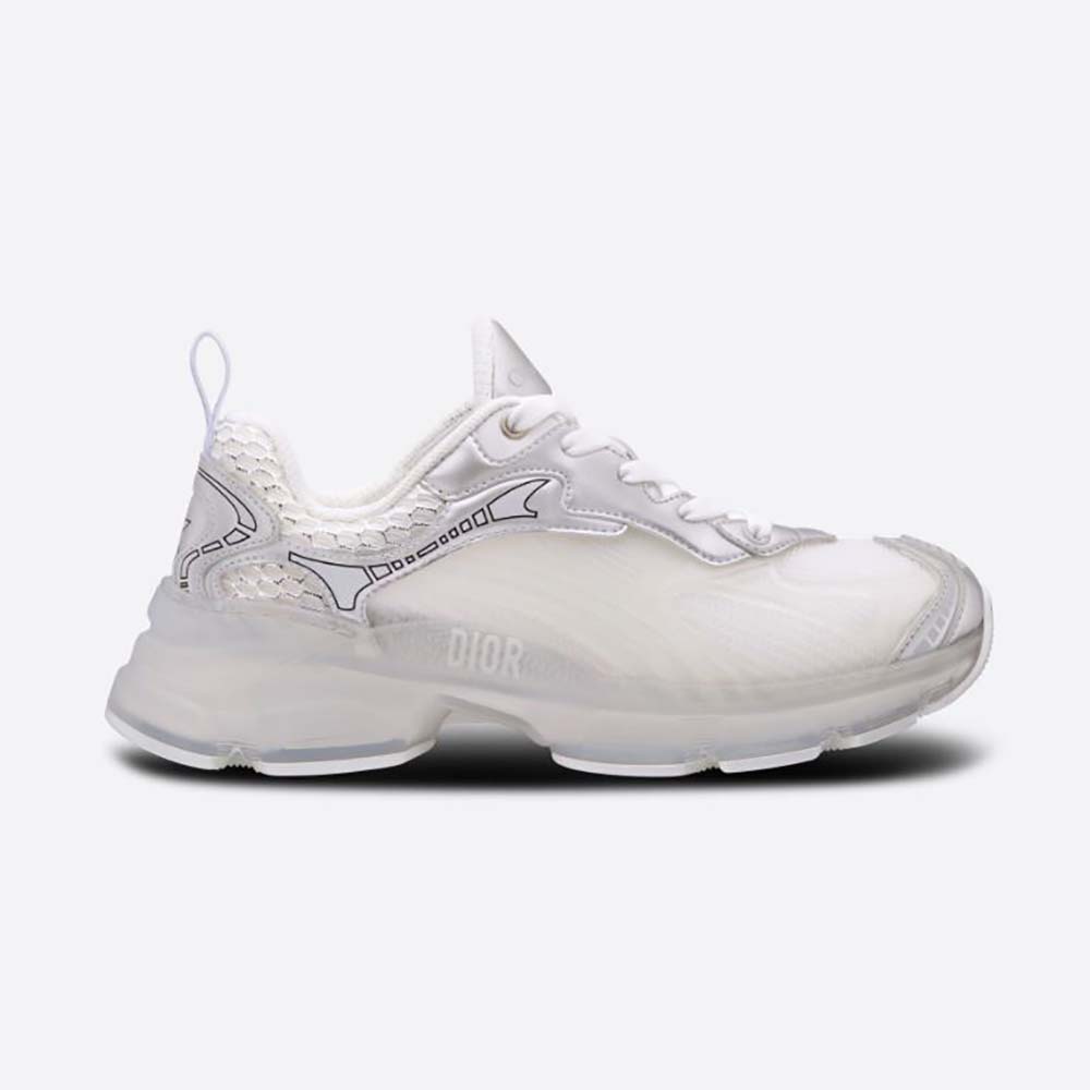 Side profile of Dior Women Vibe Sneaker White Mesh and Silver-Tone Leather