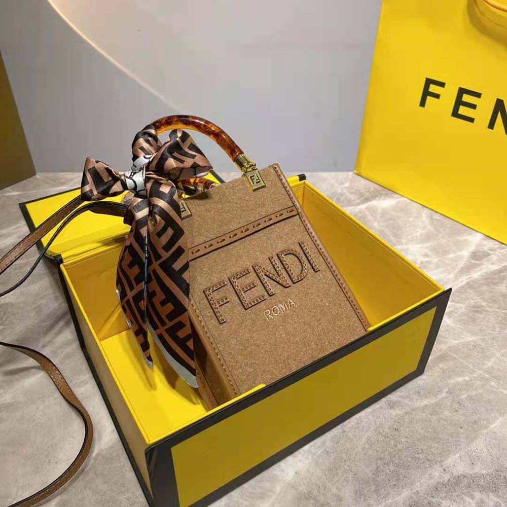 Fendi Women Mini Sunshine Shopper Brown Flannel Mini-Bag - image 2