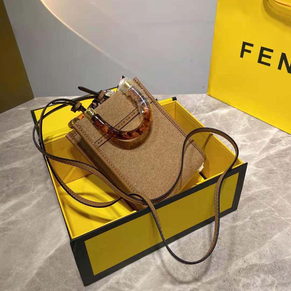 Fendi Women Mini Sunshine Shopper Brown Flannel Mini-Bag - image 4