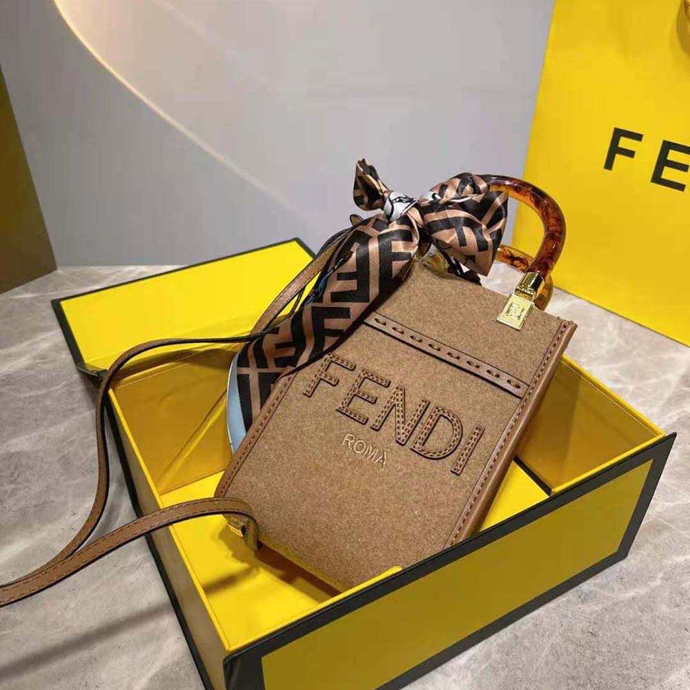 Fendi Women Mini Sunshine Shopper Brown Flannel Mini-Bag - image 3