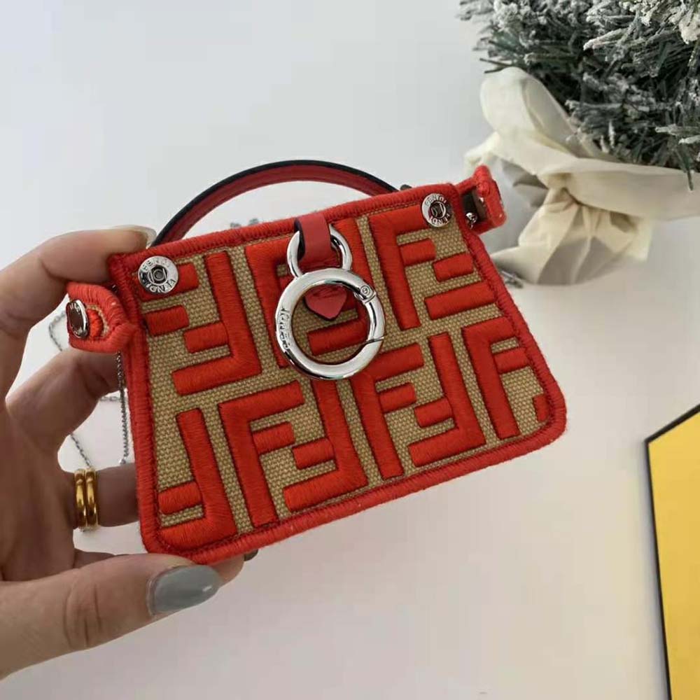 Fendi Women Nano Peekaboo Charm Gray FF Canvas Charm-Red - image 4