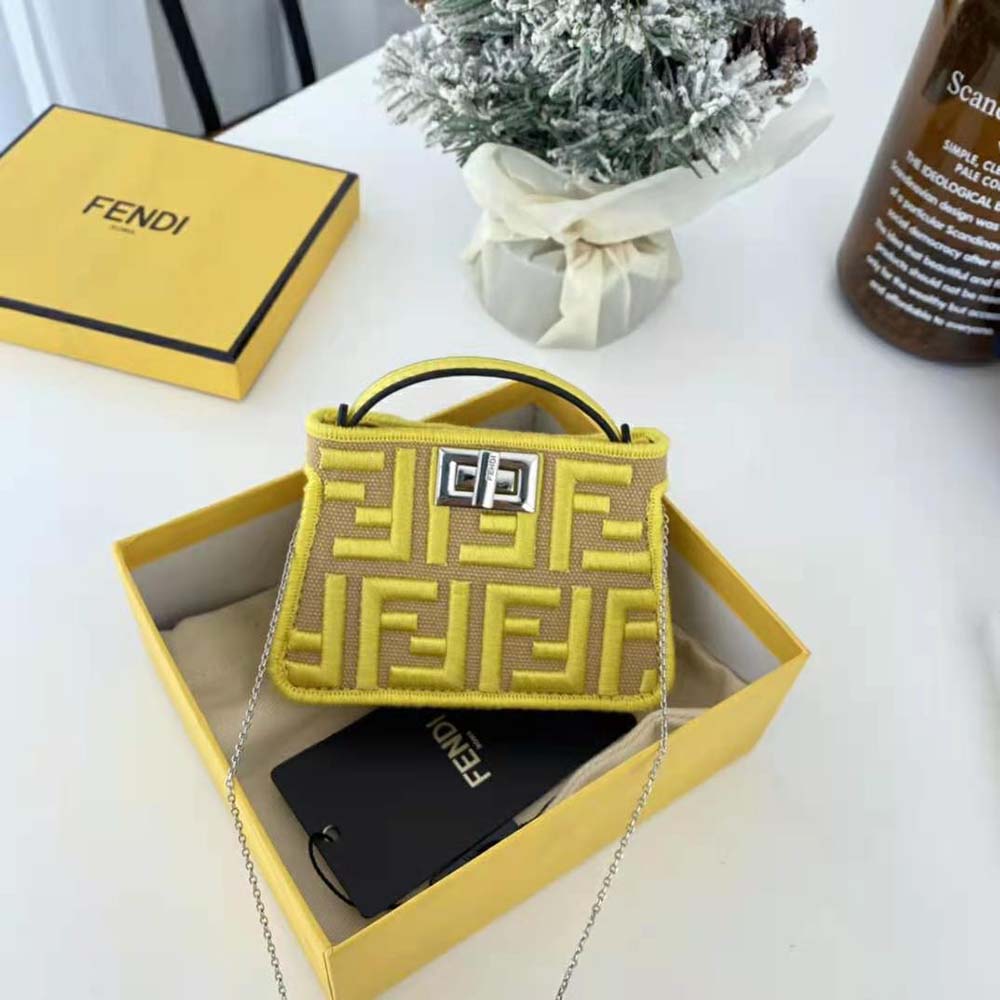 Fendi Women Nano Peekaboo Charm Gray FF Canvas Charm-Yellow - image 3