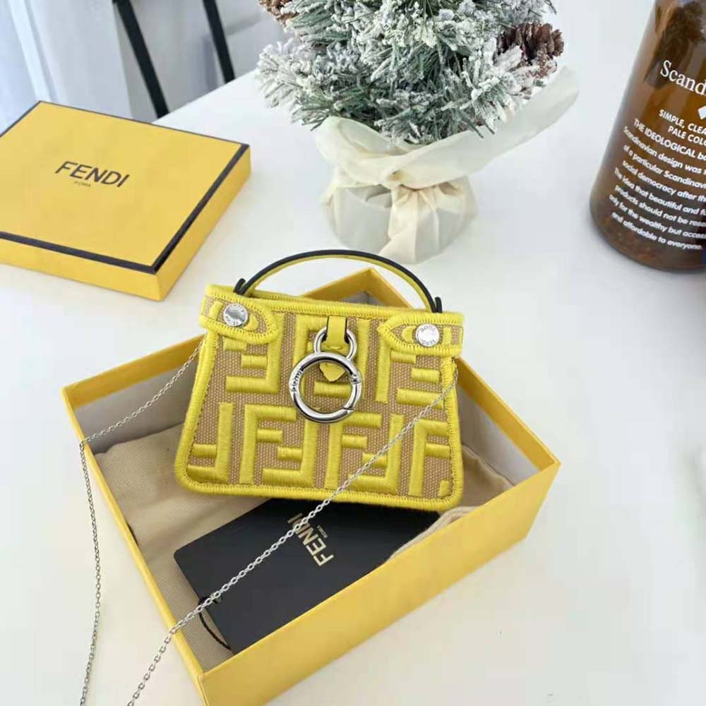 Fendi Women Nano Peekaboo Charm Gray FF Canvas Charm-Yellow - image 4