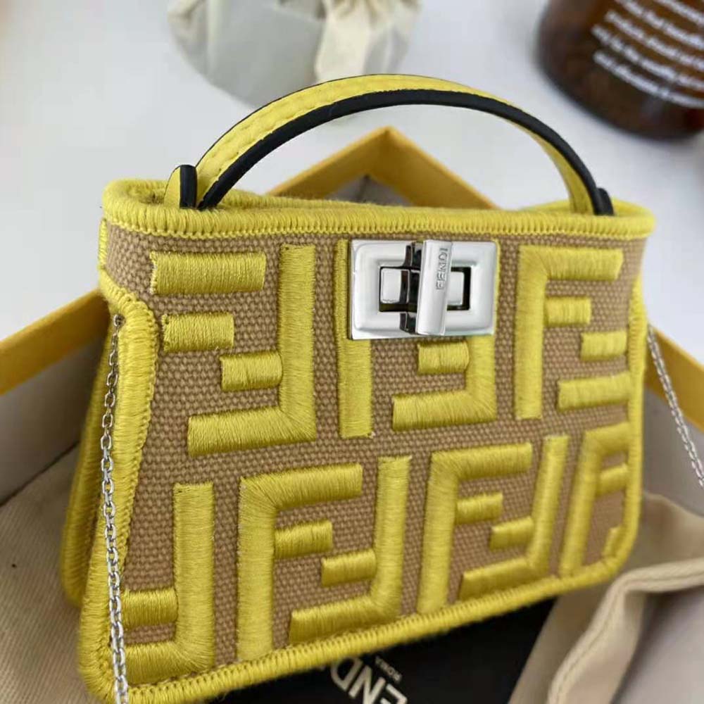 Fendi Women Nano Peekaboo Charm Gray FF Canvas Charm-Yellow - image 7