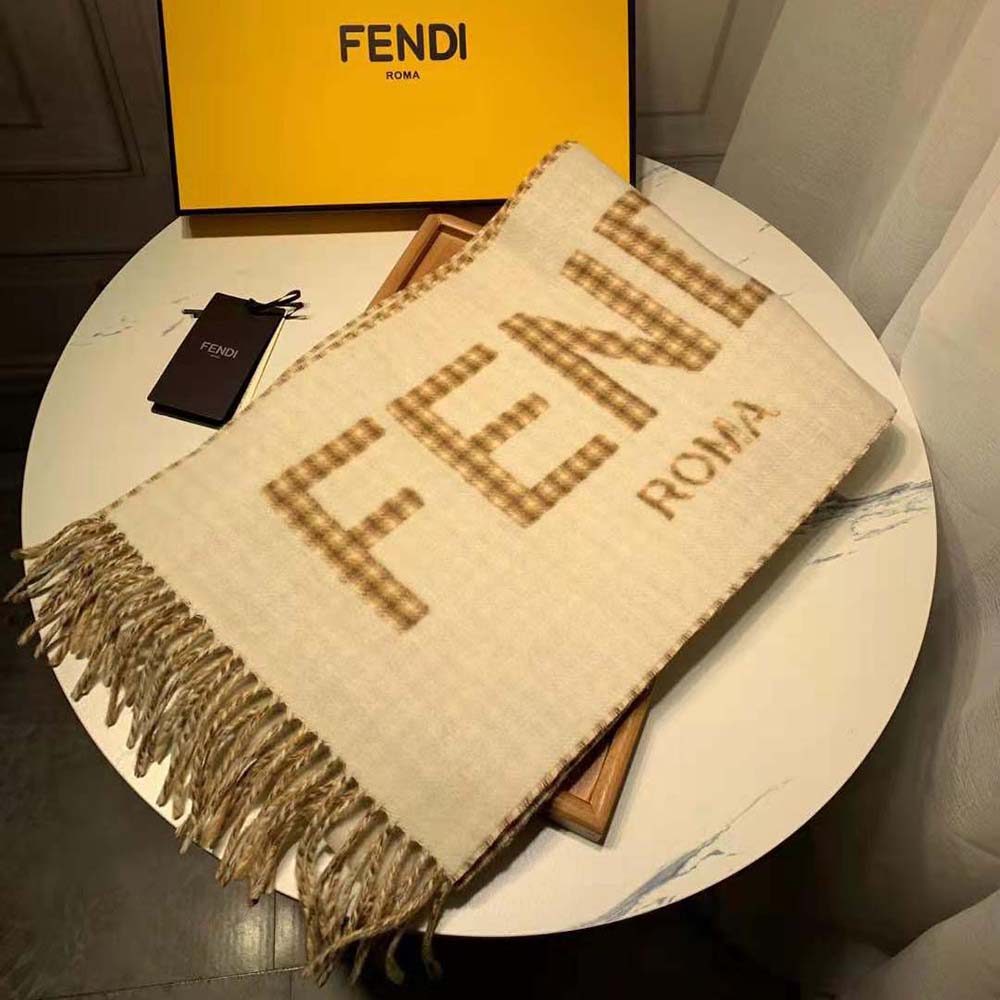 Fendi Women Scarf in Cream Wool and Cashmere with Fendi Roma Oversized Lettering - image 2
