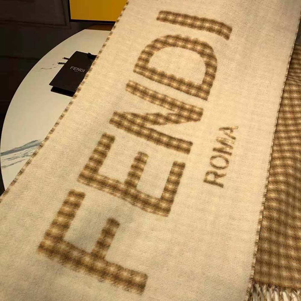 Fendi Women Scarf in Cream Wool and Cashmere with Fendi Roma Oversized Lettering - image 7