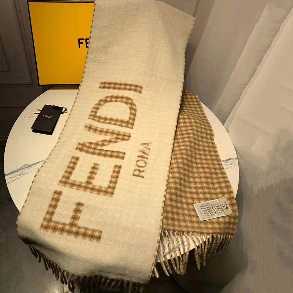 Fendi Women Scarf in Cream Wool and Cashmere with Fendi Roma Oversized Lettering - image 6