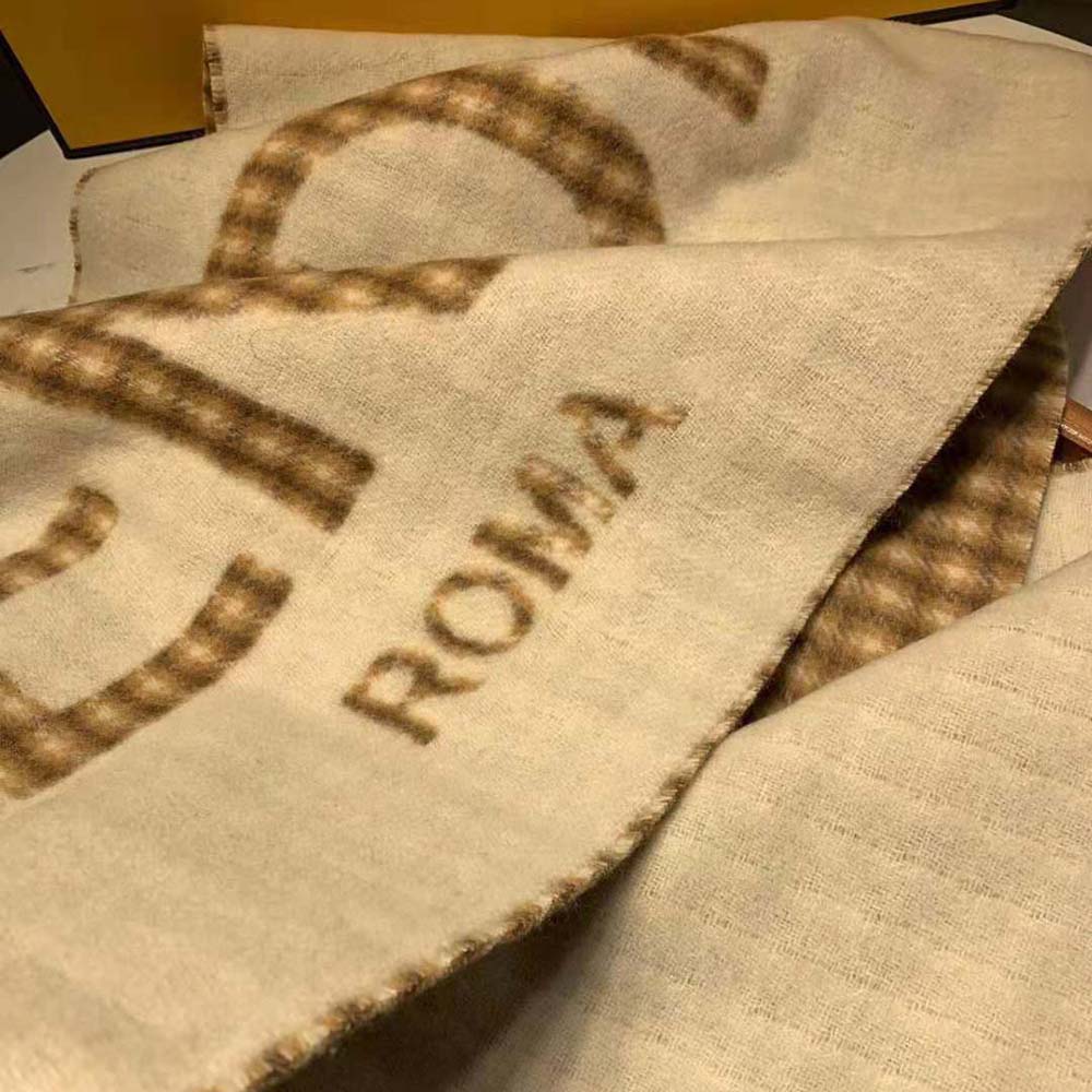 Fendi Women Scarf in Cream Wool and Cashmere with Fendi Roma Oversized Lettering - image 9