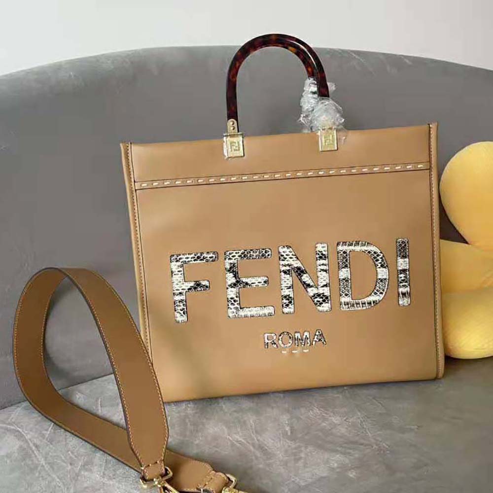 Fendi Women Sunshine Medium Light Brown Leather and Elaphe Shopper Bag - image 2