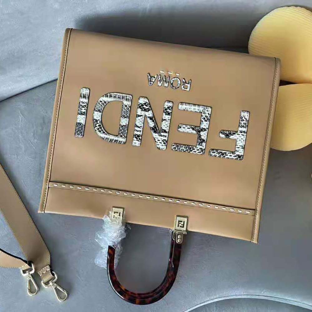 Fendi Women Sunshine Medium Light Brown Leather and Elaphe Shopper Bag - image 5