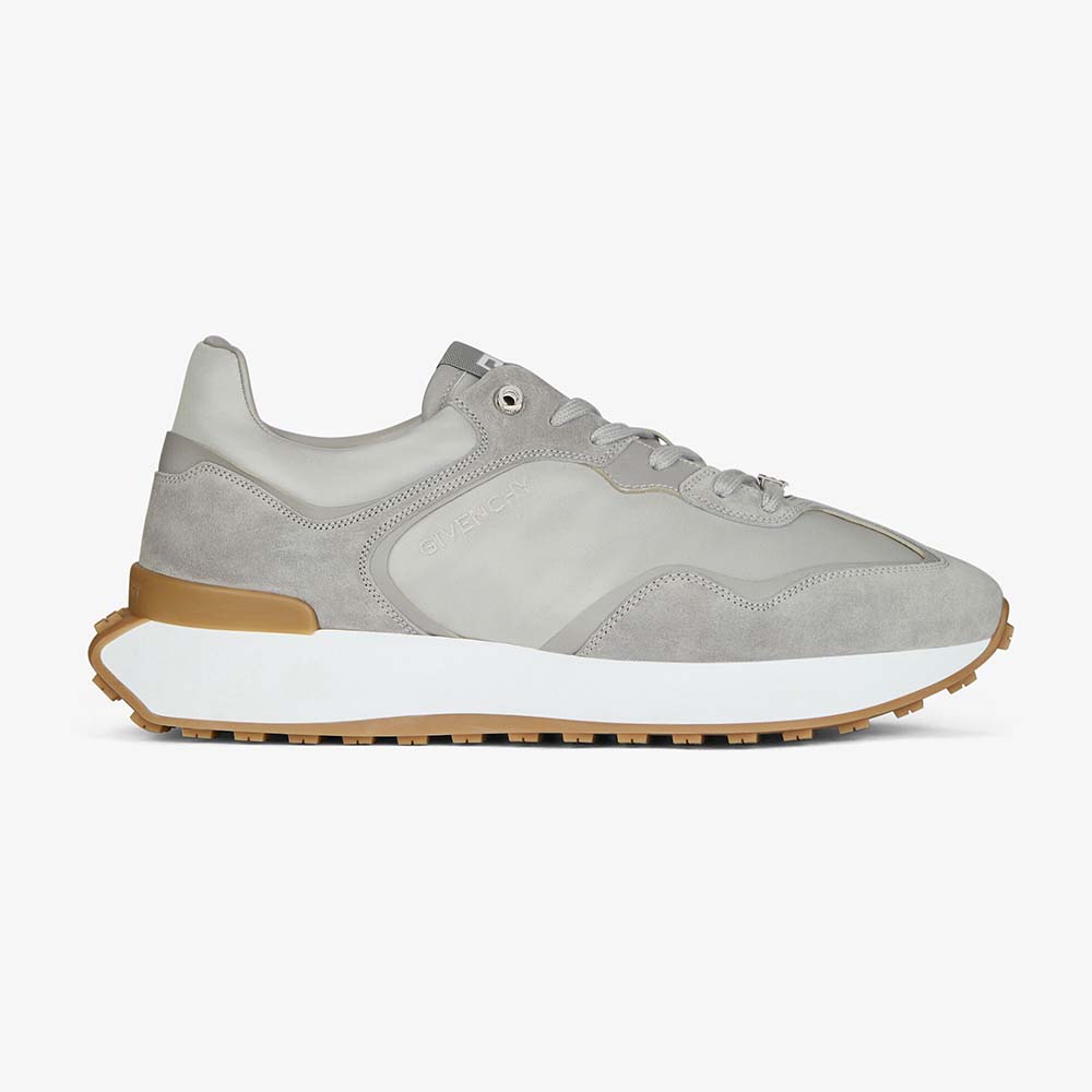 Side profile of Givenchy Men Giv Runner Sneakers in silver suede and nylon