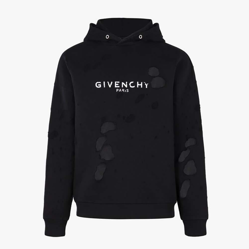 Front view of Givenchy Men Paris Destroyed Hoodie in Coton-Black