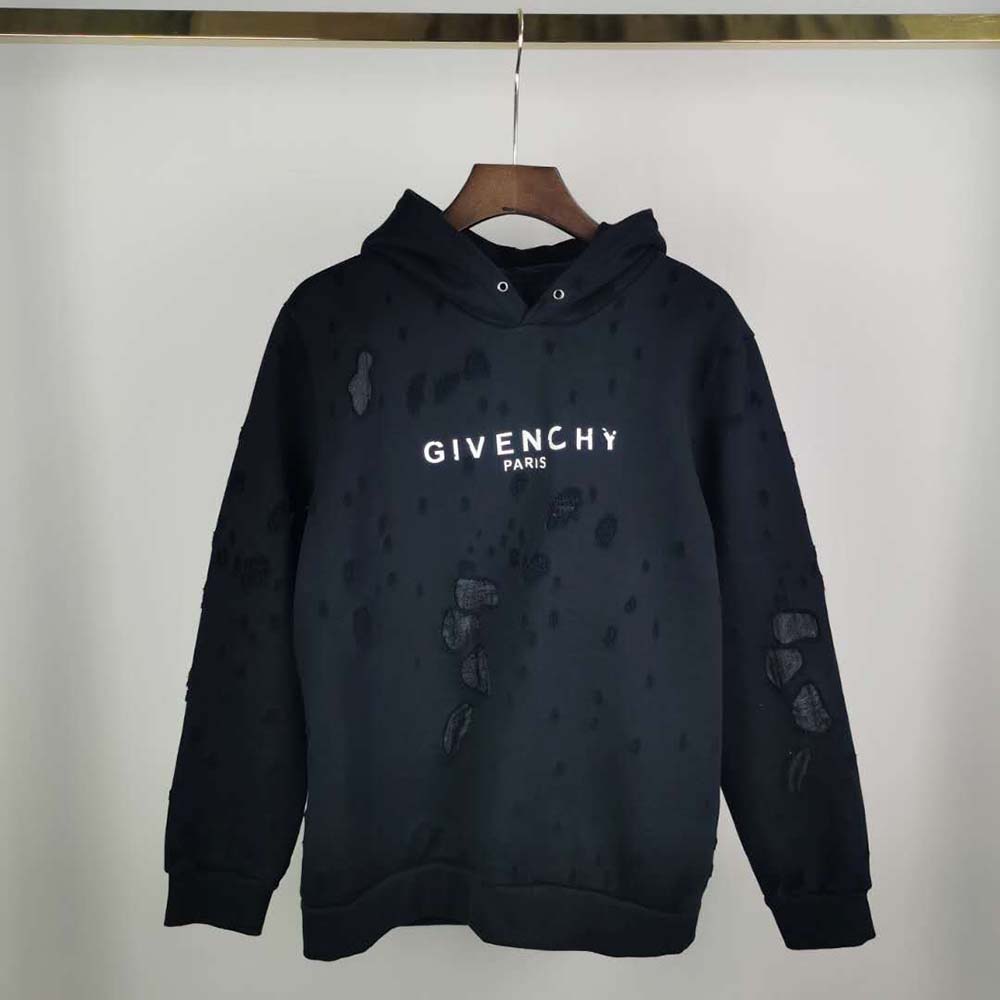 Close-up of destroyed detailing on Givenchy Men Paris Destroyed Hoodie