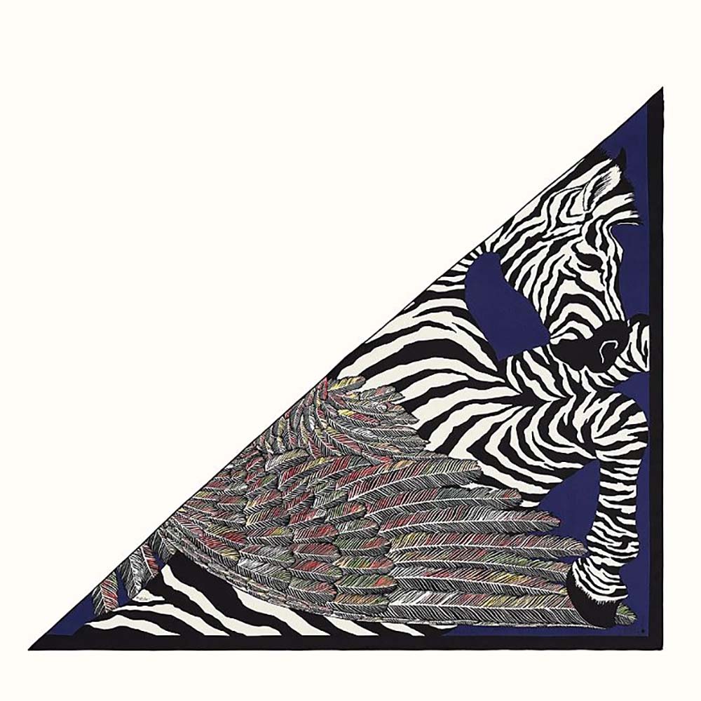 Close-up of Hermes Women Zebra Pegasus Giant Triangle-Blue silk texture