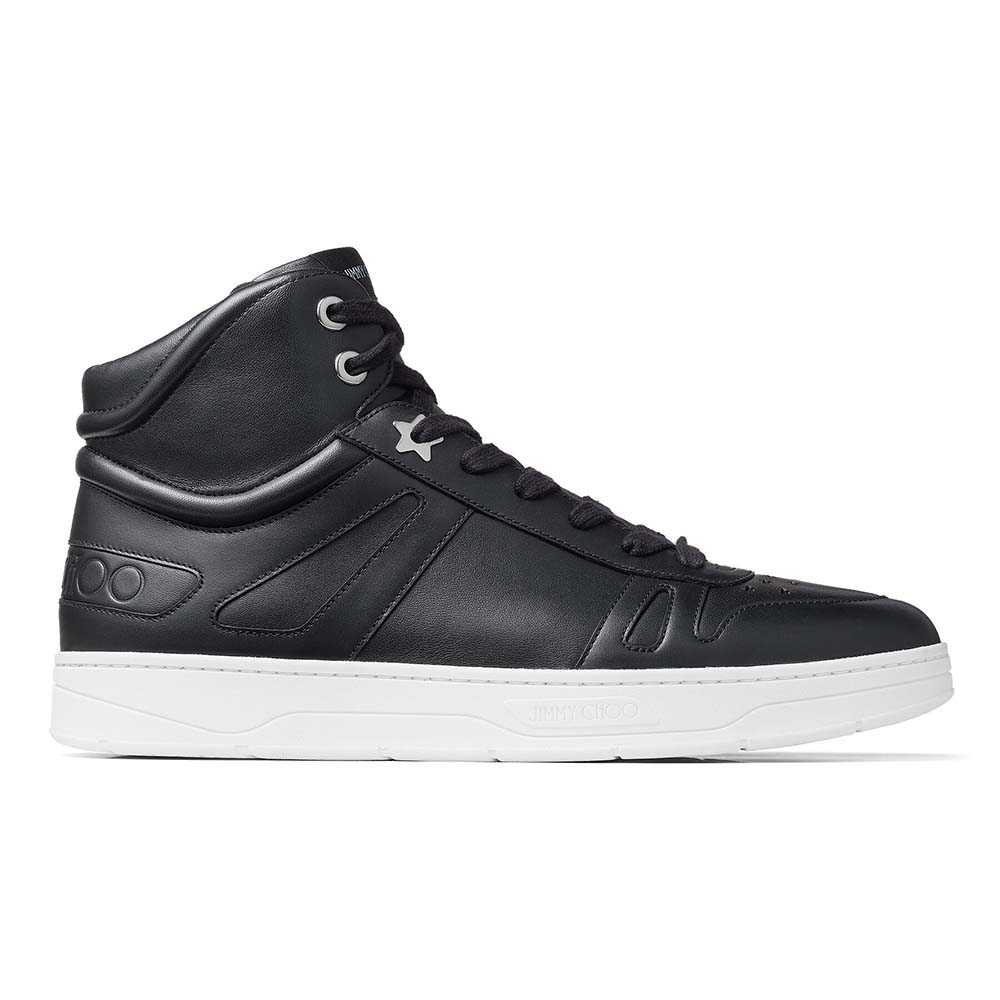 Front angle of Jimmy Choo Men Hawaii Hi Top/M Black Calf Leather Trainers