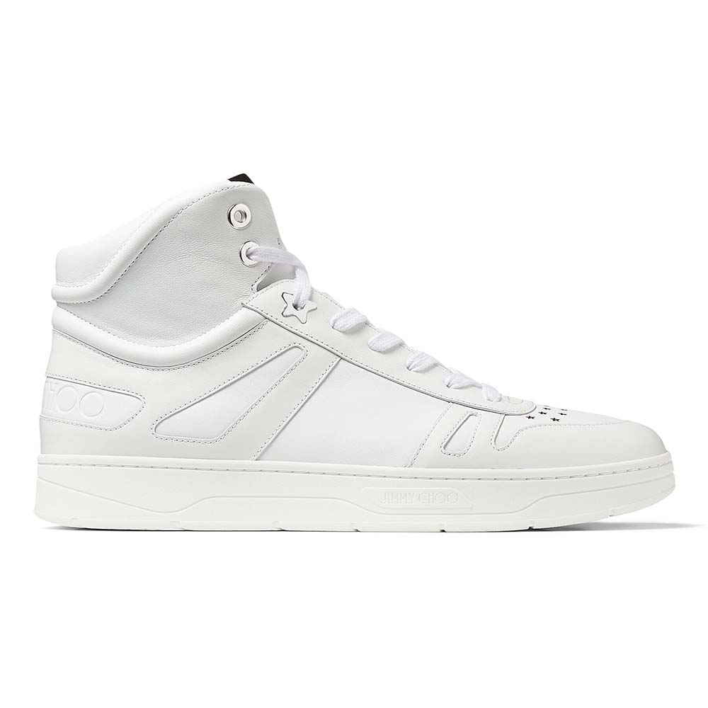 Side angle of Jimmy Choo Men Hawaii Hi Top/M White Calf Leather High Top Trainers