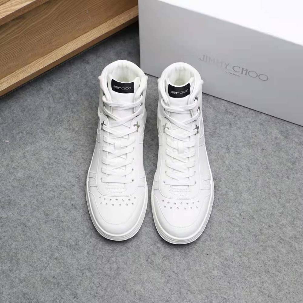 Close-up on silver hardware and logo of Jimmy Choo Men Hawaii Hi Top/M Trainers